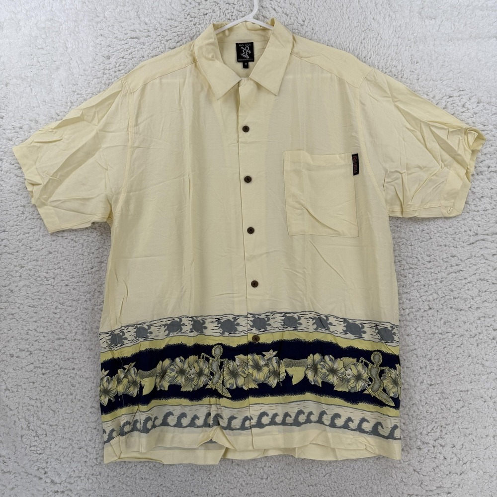 VTG Da Hui Shirt Mens Medium Yellow Hawaiian Short Sleeve Button Up Surf Casual